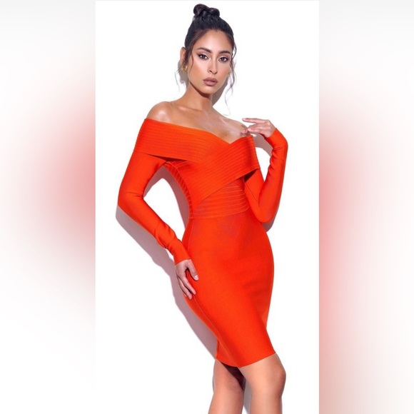 Sierra orange off shoulder long sleeve mini bandage dress - Picture 2 of 5